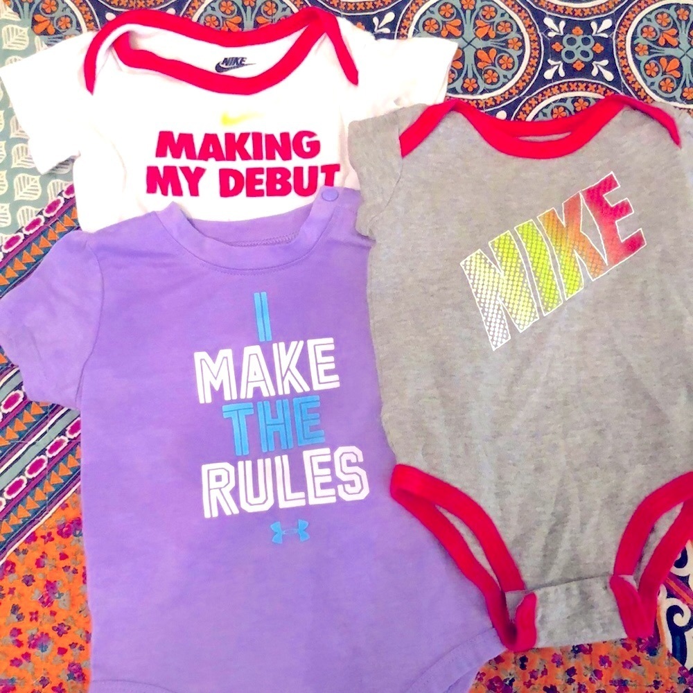 THREE onesies (Nike/Under Armour) 6-9m